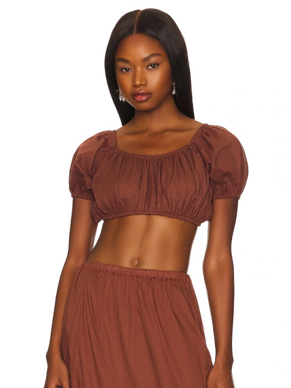 FAITHFULL THE BRAND Rhea Brown Cotton Voile Puff Sleeve Crop Top, Size M